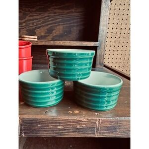 Emile Henry France Green Ceramic‎ Ramekins Set of 3 Ribbed Souffle Dishes 1066
